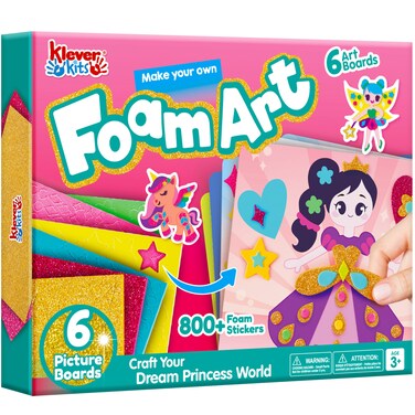 Klever Kits Foam Art Kit for Kids, EVA Foam Stickers with 6 Art Board and 800+ Stickers, DIY Arts and Crafts for Boys Girls Age 3+, Unicorns &amp; Princesses Birthday Gifts Travel Toy