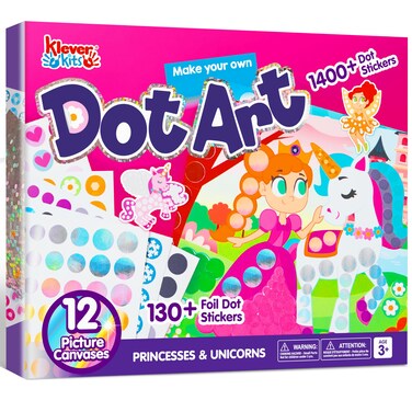 Klever Kits Dot Art Kit for Kids, No Mess Sticker for Toddlers 3-7, Craft Kits, DIY Creative Activity, Travel Toy, Birthday for Boys Girls (Unicorns &amp; Princess)