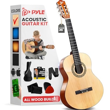 Pyle Beginner Acoustic Guitar Kit, 3/4 Junior Size All Wood Instrument for Kids, Adults, 36" Natural Ash