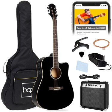 Best Choice Products Beginner Acoustic Electric Guitar Starter Set w/ 41in, All Wood Cutaway Design, Case, Strap, Picks - Black