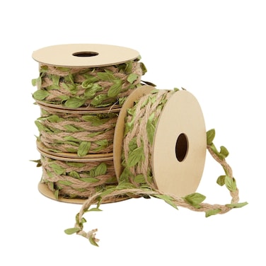 Juvale Burlap Leaf Ribbon - Jungle, Safari &amp; Fairy Party, Enchanted Forest Decor, Vines for Crafts (4 Rolls, 65.6 Ft Total)