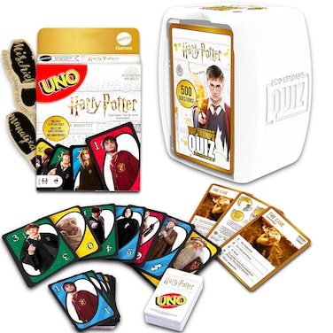 Harry Potter Card Game Set - Bundle with Hogwarts Themed UNO and Card Trivia Game, and Mischief Managed Shapemarks   Game Gift Set for Kids