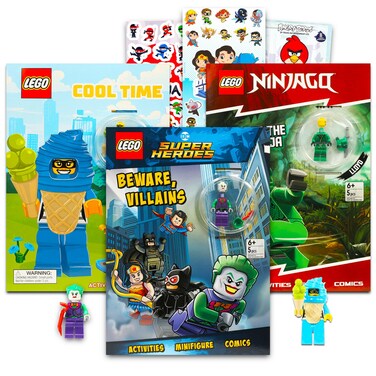 Lego Books with Mini Figure for Kids - Bundle with 3 Lego Activity Books with Mini Lego Toys Featuring DC Super Heroes, Ninjago, More Plus Stickers   Lego Book with Minifigure
