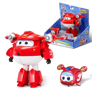 Super Wings - 5" Transforming 2-Pack Supercharged Jett &amp; Super Pet Jett Airplane Toys   New from Season 5   Airplane to Robot   Preschool Birthday Gifts for 3 4 5 Year Old Kids   with Light Effect