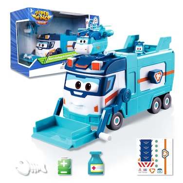 Super Wings Garbage Truck, Large Trash Truck Marc and Cleaning Helicopter Shine Recycling Dump Truck Play Set, Vehicle Learning Toys Set, Street Sweeper Cars Toys for Boys Kids Ages 3 4 5 6 7 8 9
