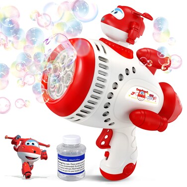 Super Wings Bubble Gun, Jett Bubble Machine Gun with Jett Figure, Fun Bubble Guns for Kids Ages 4-8 8-12, Bubble Blaster Gun Toys for Boys Girls Birthday Party Outdoor Backyard