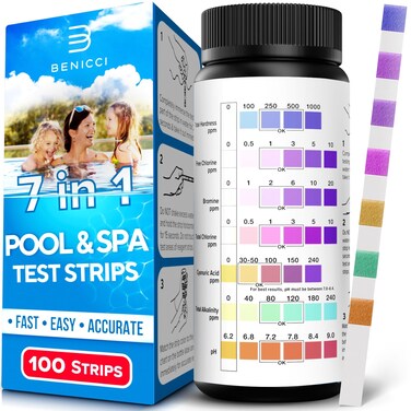 7-in-1 Accurate Pool Test Strips - 100 Hot Tub Spa Test Strips - Quick Pool Water Testing Kit - Bromine, pH, Hardness, Alkalinity, Chlorine &amp; Cyanuric Acid - Perfect for Any Pools, Spa, Hot tubs