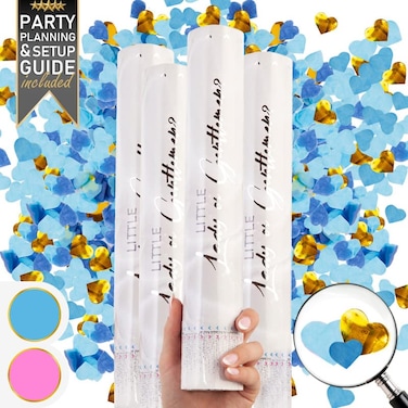PrimePure Gender Reveal Confetti Cannon - Heart Shaped Confetti Poppers - Blue 4 Pack - Baby Boy Gender Reveal Party Poppers Party Cannons Shooter Blaster