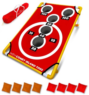 SWOOC Games - Coney Island Toss - Arcade Style Cornhole Board Set w/Carrying Case &amp; 15+ Games - Corn Hole Games for Adults - Kids Bean Bag Toss Game - Kids Cornhole Set with Bags - Outdoor Yard Games