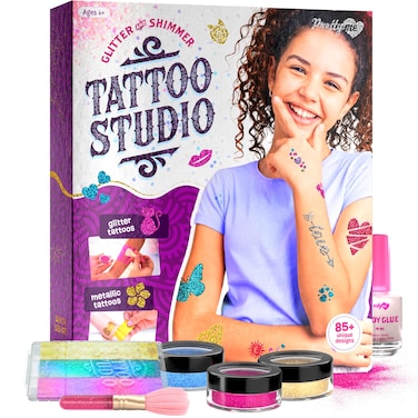 Temporary Shimmery Tattoo Studio Kit for Kids - Glitter &amp; Metallic Fake Tattoos for Girls - Birthday Gift Ideas for Girl - Best Craft Kits Toys Stuff for Ages 6, 7, 8, 9, 10, 11 Year Old - Cool Gifts
