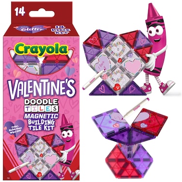 CreateOn Crayola Doodle Valentine Magnetic Tiles, Building Set for Kids, Magnetic Building Toys for Kids, STEM Travel Toys for Boys and Girls Ages 3+, 14-Piece Set (Doodle Valentine)
