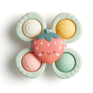 Itzy Ritzy Fidget Toy with Sensory Poppers &amp; Suction Cup; Fidget Toy Sticks to Highchairs, Tables or Tubs While Spinning &amp; Engaging Baby with 4 Textured Poppers, Strawberry