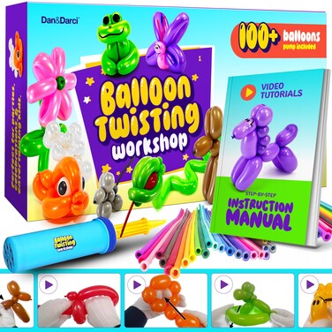 Dan&amp;Darci Balloon Animal Twisting Kit with Pump for Kids - Boy &amp; Girl Birthday Gifts for Girls and Boys - Arts and Crafts for Kid Ages 8-12 - 6 7 8 9 10 11 12 Year Old Gift - Animals Balloons
