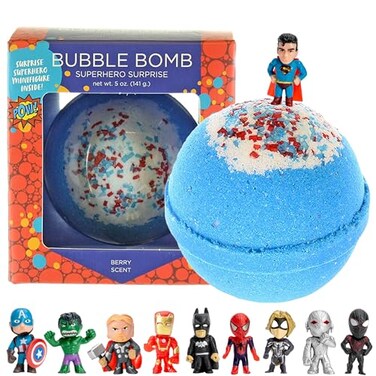 Superhero Bath Bombs for Kids &amp; Boys with Surprise Hero Toys Inside (1 Pack) - Large Bubble Bomb with Fruity Scent, Relaxing Aroma, USA Made - Ideal Gift for Children by Two Sisters