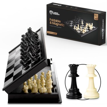Chess Armory Magnetic 9.5 Inches Travel Chess Set - Folding Board with Storage Box &amp; 2 Extra Queen.