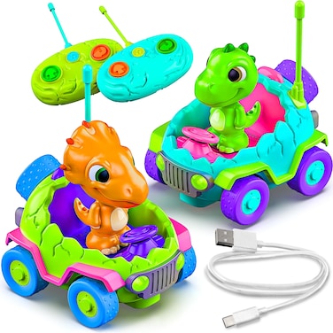 MindSprout Dino Chasers Set of 2 Rechargable Remote Control Car for Toddler, Kids Toys Age 2 3 4 5, Boys &amp; Girls Birthday Gift, Dinosaur Toy 2-4, LED Lights &amp; Music, Batteries Included