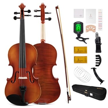 PHOENIX Violin 4/4 Full Size Kit, Violin Fiddle Set for Beginner Adults Student with Rosewood Bow, Extra Strings &amp; Bridge, 2 Rosins, Tuner, Case, Mute, Fingerboard Stickers, Shoulder Rest (Full)