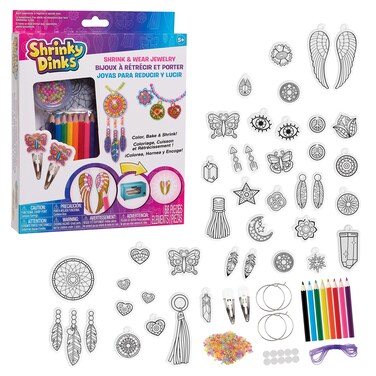 Just Play Shrinky Dinks 68-piece Jewelry Kit, Includes Beads, Barrettes, Elastic String and Earring Hoops, Kids Toys for Ages 5 Up