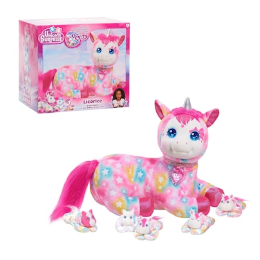 Just Play Unicorn Surprise 14-inch Licorice Stuffed Animal with Unicorn Babies, Star Pattern, Kids Toys for Ages 3 Up