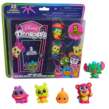 Just Play Disney Doorables Neon Glow Peek Figures, 5 Special Edition 1.5-inch Collectible Figurines, Kids Toys for Ages 5 Up