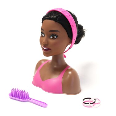 Just Play 2pc Barbie Doll Girls Mini Styling Head Black Hair Pink Highlight Set (JPBLKBRB2C)