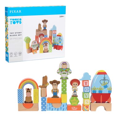 Just Play Disney Wooden Toys Toy Story Block Set, 29-Piece Set Includes 4 Block Figures, Officially Licensed Kids Toys for Ages 18 Month