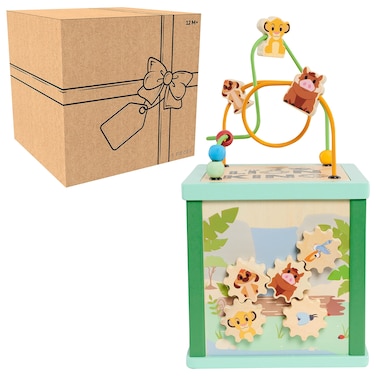 Disney Wooden Toys Lion King Large Activity Cube, Shape Sorting and Maze Puzzle, Learning and Education, Kids Toys for Ages 12 Month by Just Play