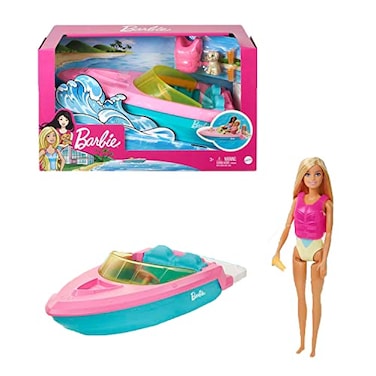 Barbie Doll &amp; Toy Boat Playset with Pet Puppy, Life Vest &amp; Beverage Accessories, Fits 3 Dolls &amp; Floats in Water