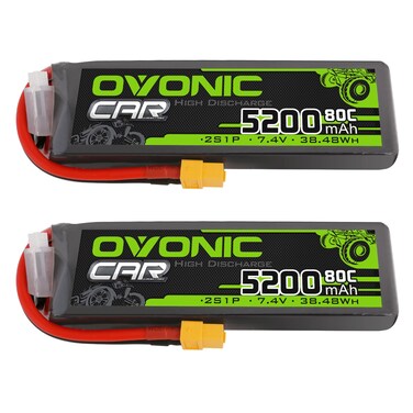 OVONIC Lipo Battery 2S 5200mAh Battery 7.4V 80C Battery with XT60 Plug Soft Case for 1/8 1/10 RC Vehicles Car Slash RC Buggy Truggy RC Airplane UAV Drone(2 Packs)