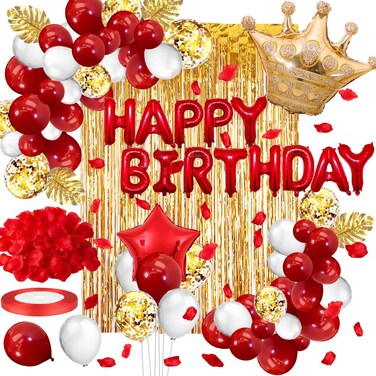 Toylin Red Gold Birthday Decorations, Red Party Decorations, White Gold Confetti Balloons Gold Curtain for Independence Day Baby Shower Wedding Birthday Anniversary Bachelorette Party Decorations