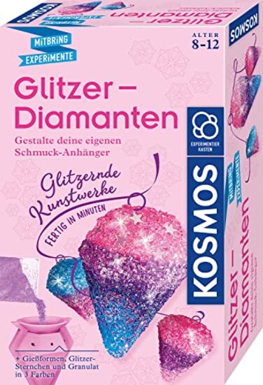 KOSMOS 657758 Glitter Diamonds, Create and Design Sparkling Jewellery Pendants, with Casting Moulds, Jewellery Ribbons, Glitter, Granules in 3 Colours, Experiment Set for Children from 8-12 Years