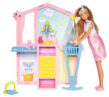 Steffi Love Newborn Baby Room, Pregnant Doll with Baby in The Children's Room, with Baby Bed, Changing Table, Bath and Accessories, 29 cm Toy Doll, from 3 Years