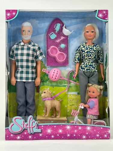 SIMBA 105733569026 Grandparents with Granddaughter, Set of 3 Dolls, Doll on Bicycle, Doll Clothes, Height 30, 29, 12 cm, Dress up, Gift for Children from 3 Years Old