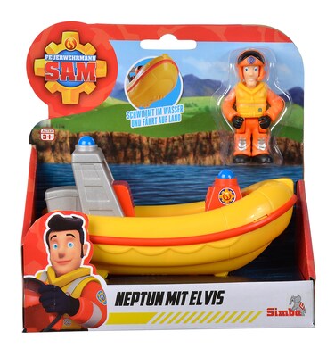 Fireman Sam Neptune with Elvis Figure, Drives on Land and Floats in Water, Boat 17 cm, Figure 7 cm, from 3 Years, Yellow