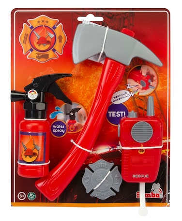 Simba 108101013 Fire Brigade Basic Set, Fire Extinguisher with Spray Function, Axe, Radio with Sound, Brand, Role Toy, from 3 Years
