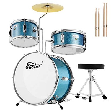 Kids Drum Set Eastar 3-Piece for Beginners, 14 inch Drum Kit with Adjustable Throne, Cymbal, Pedal &amp; Two Pairs of Drumsticks, Junior Drum Set with Bass Tom Snare Drum, Metallic Sky Blue