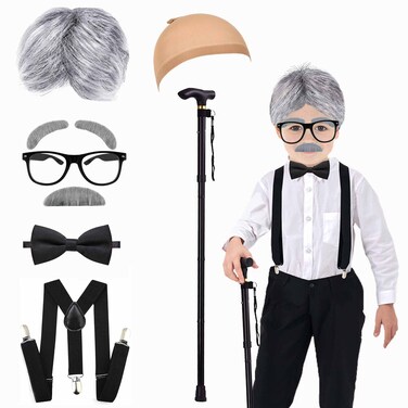 Yunsuelo Old Man Costume Wig for Kids, 100 Days of School Costume for Boys and 8pcs Grandpa Costume for Kids with Mustache, Cane, Glasses, 100th Day of School Dress Up Accessories