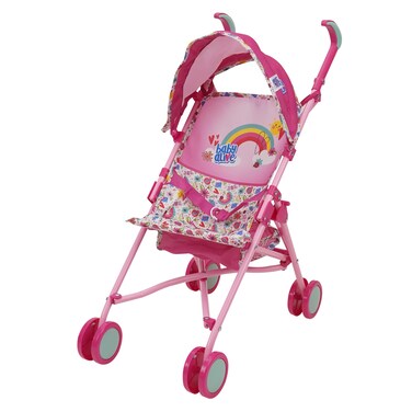 Baby Alive: Doll Stroller - Pink &amp; Rainbow - Fits Dolls Up to 24", Retractable Canopy, Safety Harness for Baby Doll, Two-Toned Handle &amp; Wheels, Storage Basket, for Kids Ages 3+