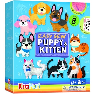 KRAFUN Easy Sewing Kit for Beginner Kids Arts &amp; Crafts, 8 Easy DIY Projects of Stuffed Animal Dolls of Puppies &amp; Kittens, Dogs and Cats, Instructions &amp; Felt, Gift for Girls, Boys, Learn to Sew