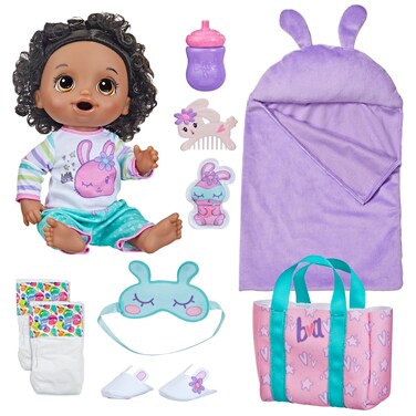 Baby Alive Bunny Sleepover Baby Doll, Bedtime-Themed 12-Inch Dolls, Sleeping Bag &amp; Bunny-Themed Doll Accessories, Toys for 3 Year Old Girls and Boys and Up, Black Hair (Amazon Exclusive)