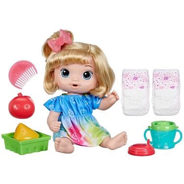 Baby Alive Fruity Sips Doll, Apple, Toys for 3 Year Old Girls, 12-inch Baby Doll Set, Drinks &amp; Wets, Pretend Juicer, Kids 3 and Up, Blonde Hair