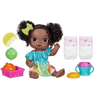 Baby Alive Fruity Sips Doll, Lime, Toys for 3 Year Old Girls, 12-inch Baby Doll Set, Drinks &amp; Wets, Pretend Juicer, Kids 3 and Up, Black Hair