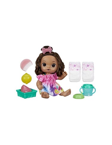 Baby Alive Fruity Sips Doll, Lemon, Toys for 3 Year Old Girls, 12-inch Baby Doll Set, Drinks &amp; Wets, Pretend Juicer, Kids 3 and Up, Brown Hair