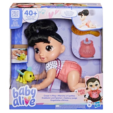 Baby Alive Crawl 'n Play Katie Kat Electronic Crawling Baby Doll Set, Black Hair, Kids Toys for Girls &amp; Boys 3 Years &amp; Up, 10.75 Inches