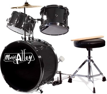 Music Alley 3 Piece Kids Drum Set with Throne, Cymbal, Pedal &amp; Drumsticks, Metallic Black, (DBJK02-BK)