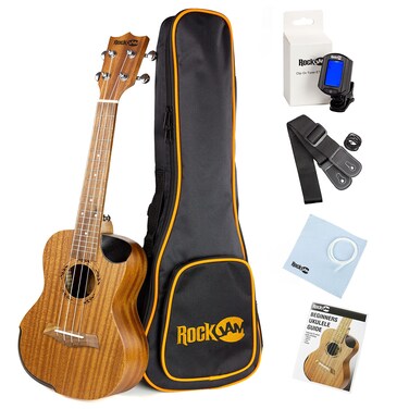 RockJam Premium Concert Ukulele Kit with Tuner, Gig Bag, Strap, Picks &amp; Spare Strings, 4, Right, Natural, Full (RJUK-712C-N)