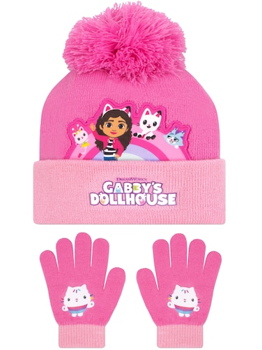 DreamWorks Gabbys Dollhouse Girls Winter Hat Set   Winter Hats For Girls   Gabby's Girls Hat And Gloves   One Size Pink