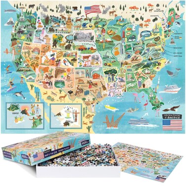 Puzzles for Adults 1000 Pieces - Illustrated US Map Puzzle - United States USA 1000 Piece Puzzle for Adults and Kids Puzzles - 100% Recycled Cardboard by bopster