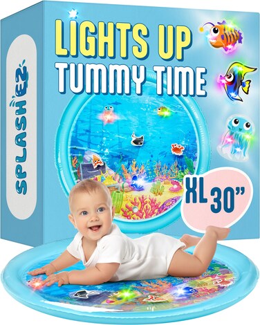 SplashEZ Lights Up Tummy Time Water Mat for Babies, 30" X-Large Baby Water Mat Tummy Time for Sensory Play with LED Glowing Fishes, Inflatable Fun Play Pad for Infants &amp; Toddlers 3 to 36 mo