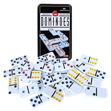 Offelec Double Six Dominoes, 28 Tile Colored Dots Domino Game Set with Tin Box, Classic Family Board Games for Kids, Adults and Families for 2-4 Players
